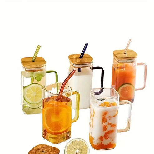 Glass Mug Square With Handle, Straw & Wooden Lid 400ml