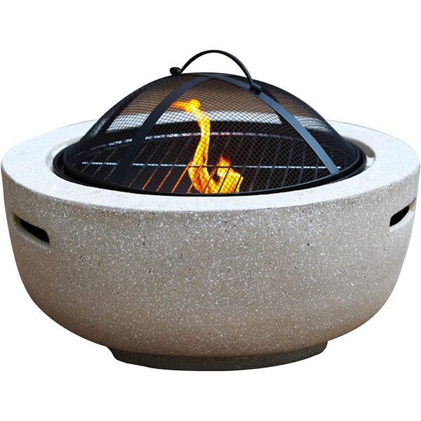 Outdoor Fire Pit Garden Wood Burning Fire Pit BBQ Grill Table - 23“, Outdoor Wood Burning Fire Bowl with Spark Screen Cover and Poker 45cm Stone Furnace BBQ-029