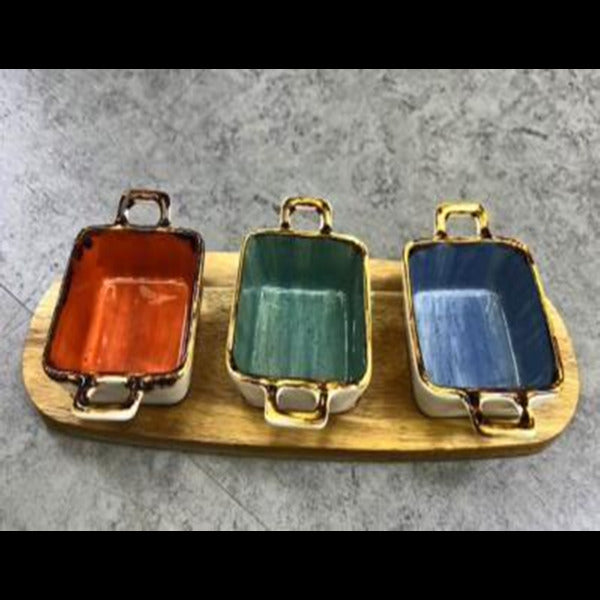 Dessert set 4.25" dish*3pcs with 1pc wooden tray  CZT21-60