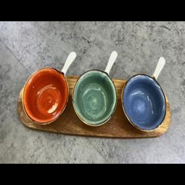 Dessert set 5.25" dish*3pcs with 1pc wooden tray CZT21-62