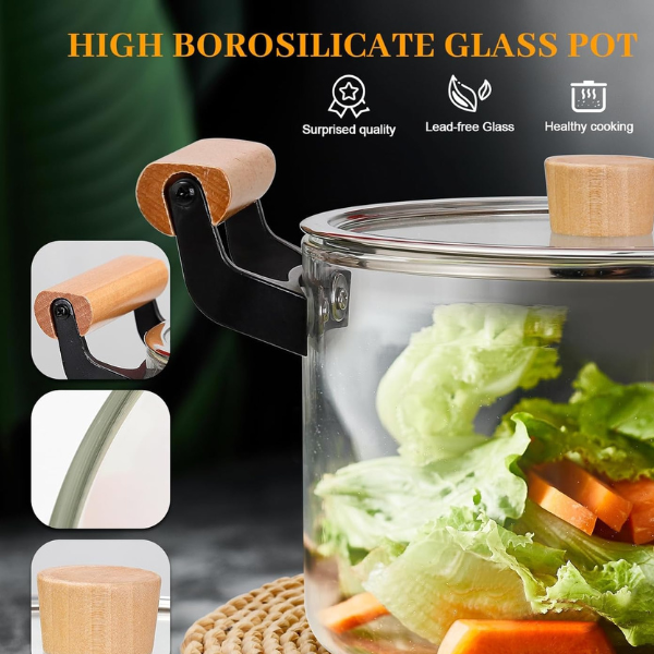 Clear Glass Pot for Cooking on Stove, with Wooden Handle, Boiling Pot
