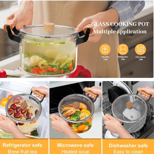 Clear Glass Pot for Cooking on Stove, with Wooden Handle, Boiling Pot